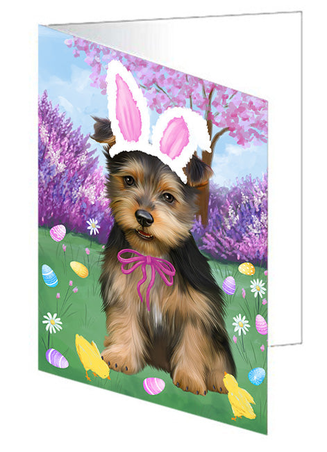 Easter Holiday Australian Terrier Dog Handmade Artwork Assorted Pets Greeting Cards and Note Cards with Envelopes for All Occasions and Holiday Seasons GCD76130
