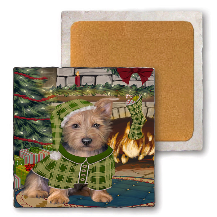 The Stocking was Hung Australian Terrier Dog Set of 4 Natural Stone Marble Tile Coasters MCST50187