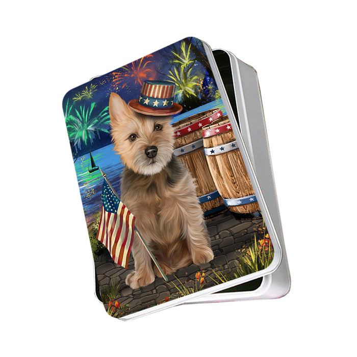4th of July Independence Day Fireworks Australian Terrier Dog at the Lake Photo Storage Tin PITN51086