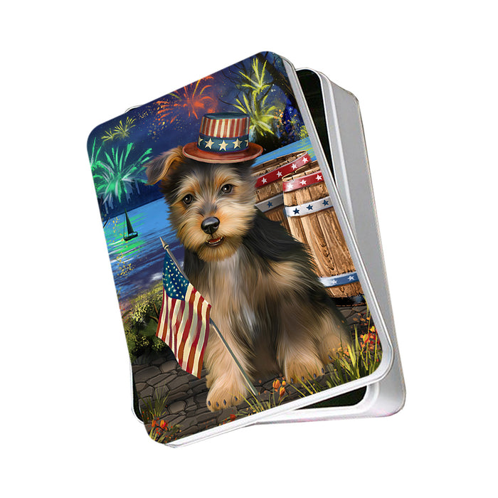 4th of July Independence Day Fireworks Australian Terrier Dog at the Lake Photo Storage Tin PITN51087