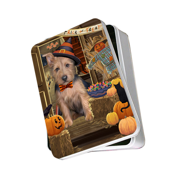 Enter at Own Risk Trick or Treat Halloween Australian Terrier Dog Photo Storage Tin PITN52973