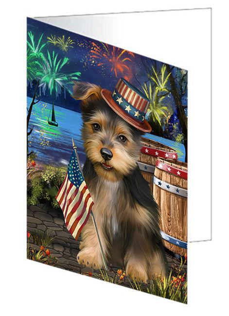 4th of July Independence Day Fireworks Australian Terrier Dog at the Lake Handmade Artwork Assorted Pets Greeting Cards and Note Cards with Envelopes for All Occasions and Holiday Seasons GCD57290