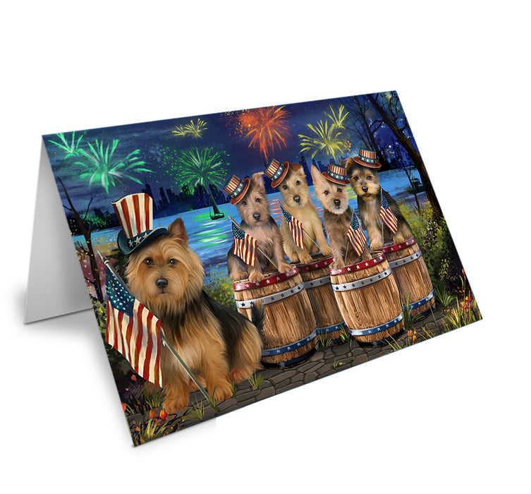 4th of July Independence Day Fireworks Australian Terriers at the Lake Handmade Artwork Assorted Pets Greeting Cards and Note Cards with Envelopes for All Occasions and Holiday Seasons GCD57056