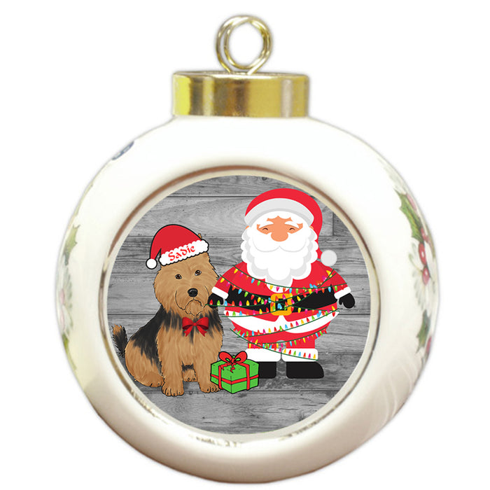 Custom Personalized Australian Terrier Dog With Santa Wrapped in Light Christmas Round Ball Ornament