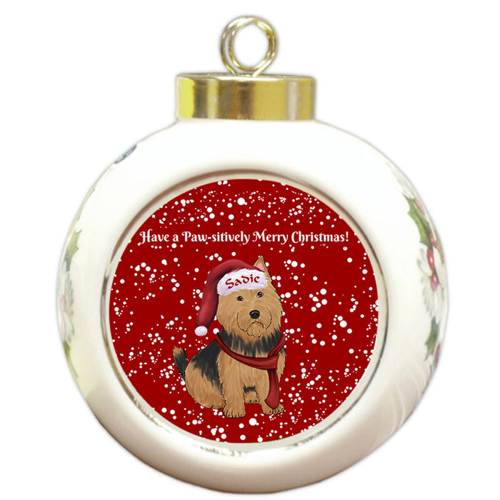 Custom Personalized Pawsitively Australian Terrier Dog Merry Christmas Round Ball Ornament