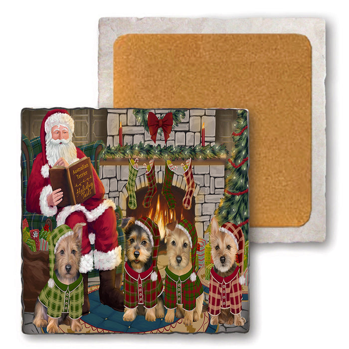 Christmas Cozy Holiday Tails Australian Terriers Dog Set of 4 Natural Stone Marble Tile Coasters MCST50094