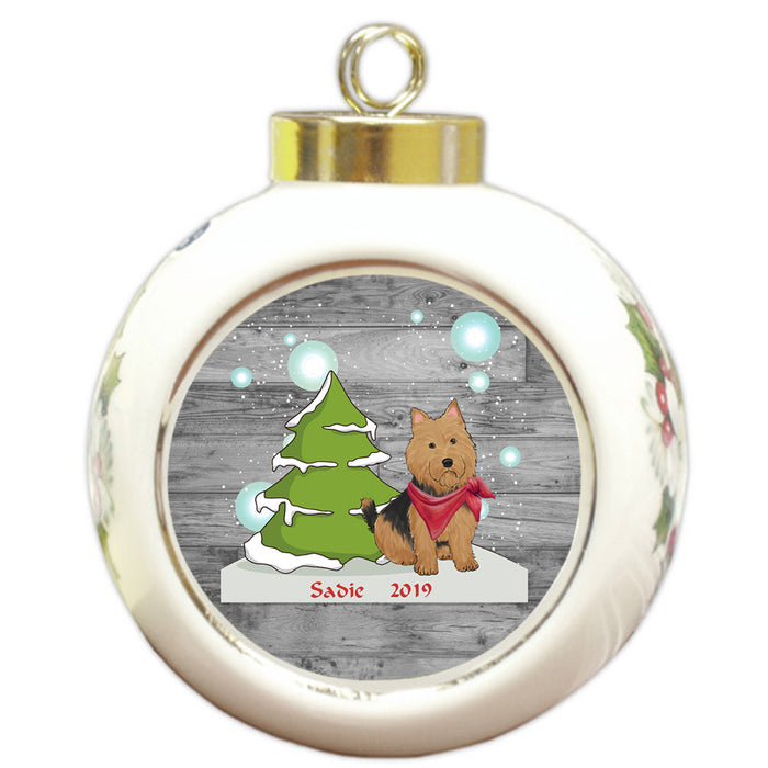 Custom Personalized Winter Scenic Tree and Presents Australian Terrier Dog Christmas Round Ball Ornament