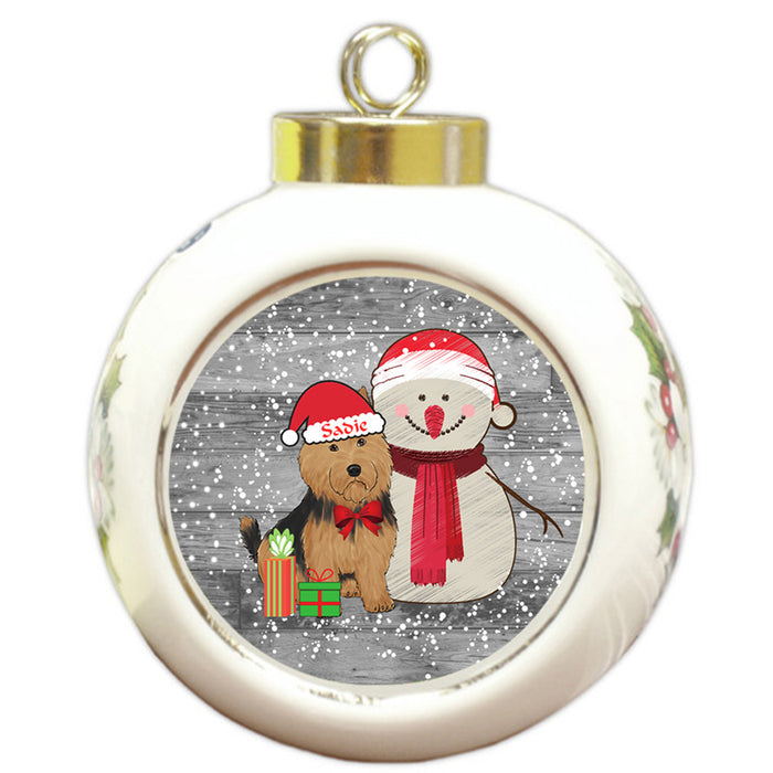 Custom Personalized Snowy Snowman and Australian Terrier Dog Christmas Round Ball Ornament