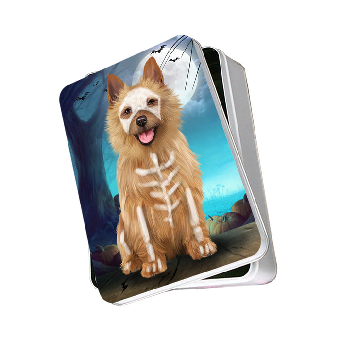 Happy Halloween Trick or Treat Australian Terrier Dog Skeleton Photo Storage Tin PITN52540