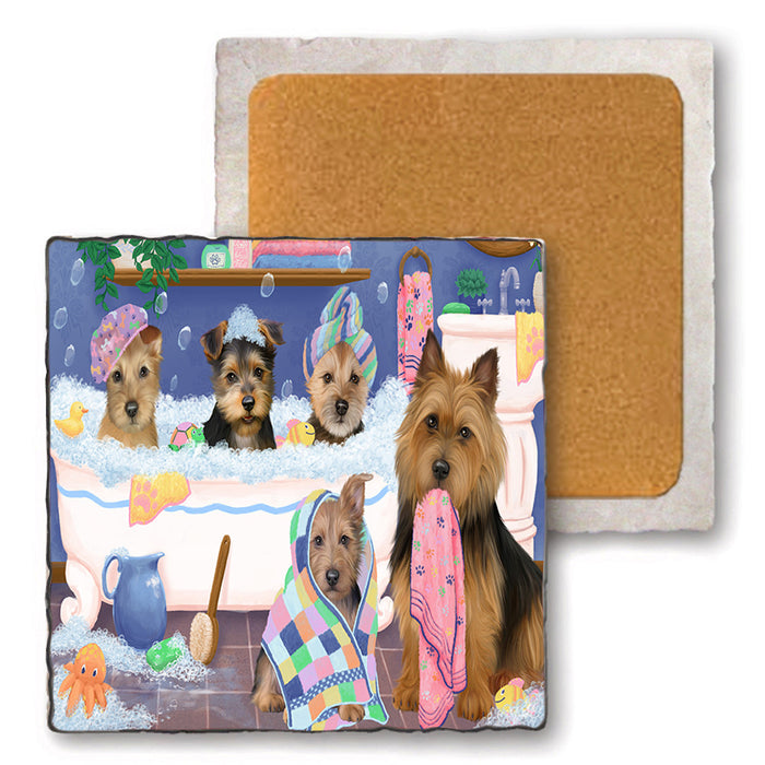 Rub A Dub Dogs In A Tub Australian Terriers Dog Set of 4 Natural Stone Marble Tile Coasters MCST51758