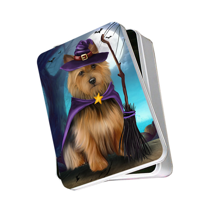 Happy Halloween Trick or Treat Australian Terrier Dog Witch Photo Storage Tin PITN52559