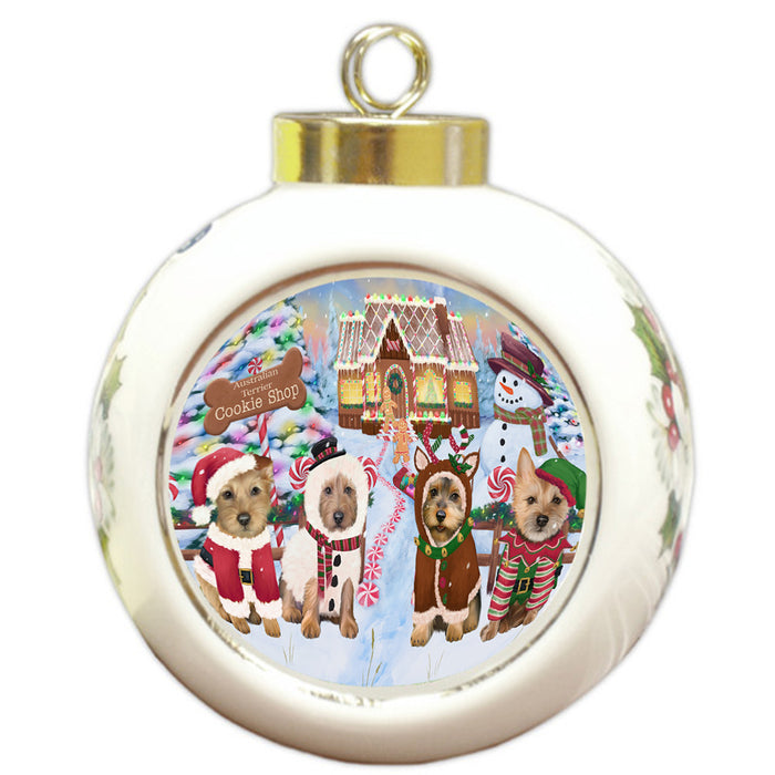 Holiday Gingerbread Cookie Shop Australian Terriers Dog Round Ball Christmas Ornament RBPOR56456