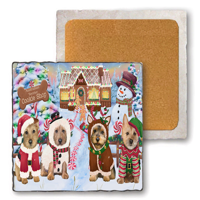 Holiday Gingerbread Cookie Shop Australian Terriers Dog Set of 4 Natural Stone Marble Tile Coasters MCST51100