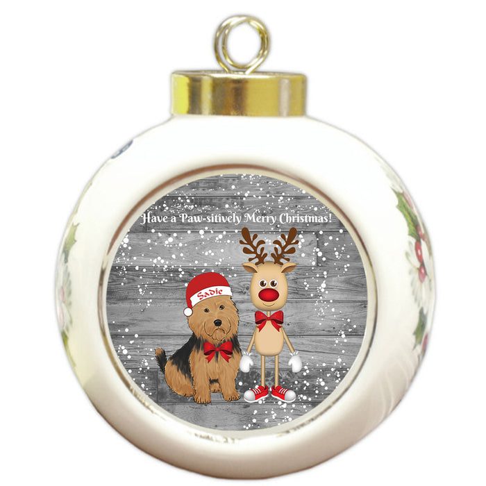 Custom Personalized Australian Terrier Dog Reindeer and Pooch Christmas Round Ball Ornament