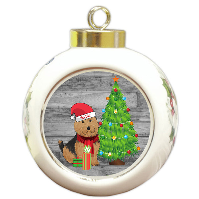 Custom Personalized Australian Terrier Dog With Tree and Presents Christmas Round Ball Ornament