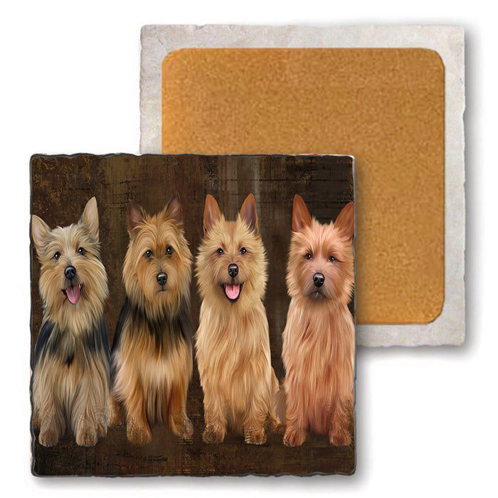 Rustic 4 Australian Terriers Dog Set of 4 Natural Stone Marble Tile Coasters MCST49354