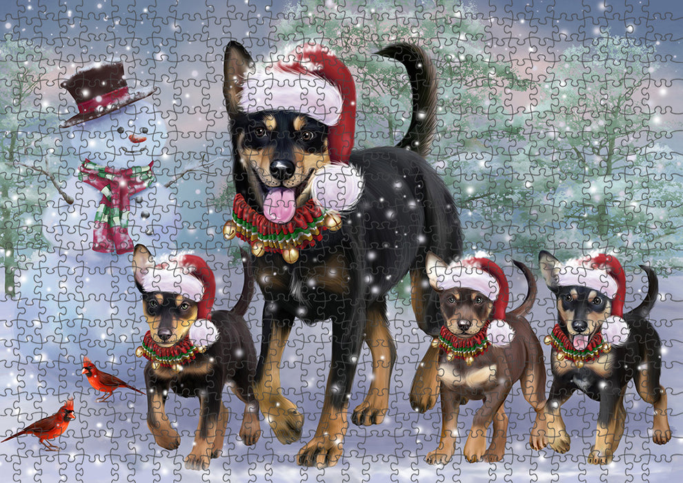 Christmas Running Family Australian Kelpie Dogs Portrait Jigsaw Puzzle for Adults Animal Interlocking Puzzle Game Unique Gift for Dog Lover's with Metal Tin Box