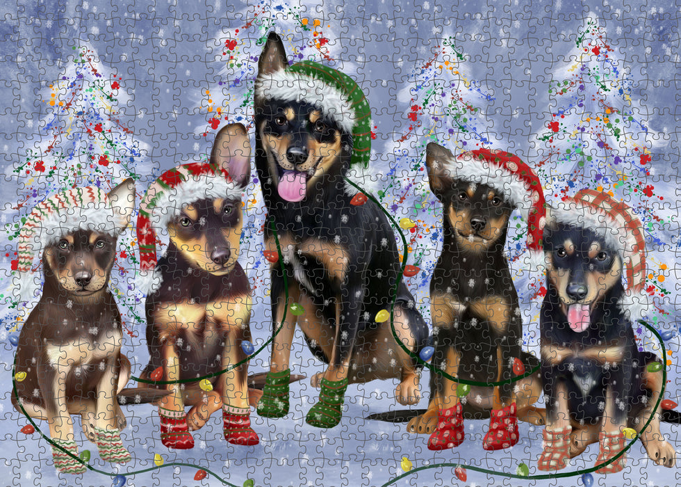 Christmas Lights and Australian Kelpies Dogs Portrait Jigsaw Puzzle for Adults Animal Interlocking Puzzle Game Unique Gift for Dog Lover's with Metal Tin Box