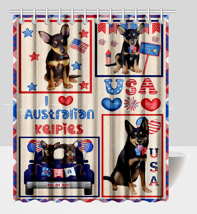 4th of July Independence Day I Love USA Australian Kelpie Dogs Shower Curtain Pet Painting Bathtub Curtain Waterproof Polyester One-Side Printing Decor Bath Tub Curtain for Bathroom with Hooks
