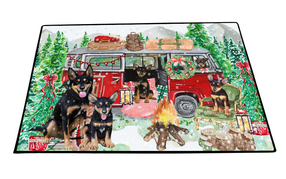 Christmas Time Camping with Australian Kelpies Dogs Floor Mat- Anti-Slip Pet Door Mat Indoor Outdoor Front Rug Mats for Home Outside Entrance Pets Portrait Unique Rug Washable Premium Quality Mat