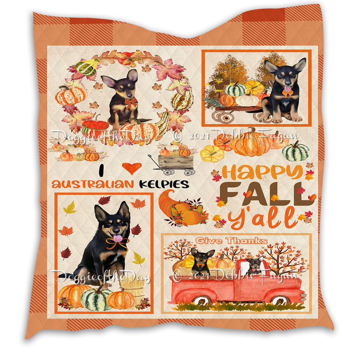 Happy Fall Y'all Pumpkin Australian Kelpies Dogs Quilt Bed Coverlet Bedspread - Pets Comforter Unique One-side Animal Printing - Soft Lightweight Durable Washable Polyester Quilt