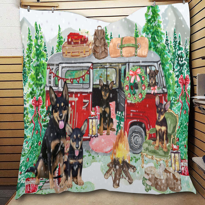 Christmas Time Camping with Australian Kelpies Dogs  Quilt Bed Coverlet Bedspread - Pets Comforter Unique One-side Animal Printing - Soft Lightweight Durable Washable Polyester Quilt