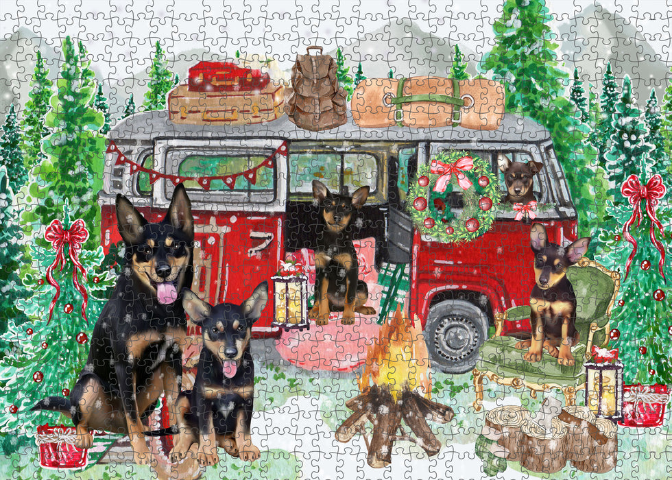 Christmas Time Camping with Australian Kelpies Dogs Portrait Jigsaw Puzzle for Adults Animal Interlocking Puzzle Game Unique Gift for Dog Lover's with Metal Tin Box