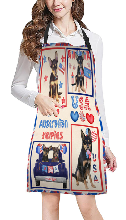 4th of July Independence Day I Love USA Australian Kelpie Dogs Apron - Adjustable Long Neck Bib for Adults - Waterproof Polyester Fabric With 2 Pockets - Chef Apron for Cooking, Dish Washing, Gardening, and Pet Grooming