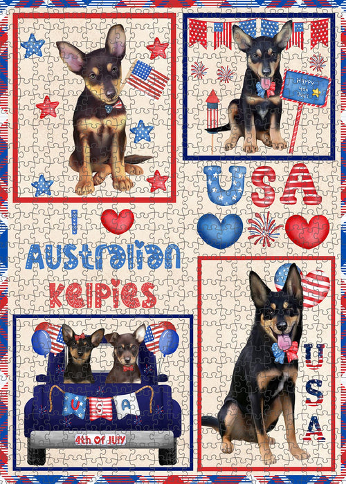 4th of July Independence Day I Love USA Australian Kelpie Dogs Portrait Jigsaw Puzzle for Adults Animal Interlocking Puzzle Game Unique Gift for Dog Lover's with Metal Tin Box