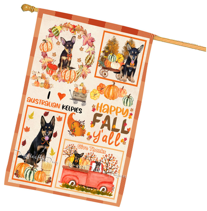 Happy Fall Y'all Pumpkin Australian Kelpies Dogs House Flag Outdoor Decorative Double Sided Pet Portrait Weather Resistant Premium Quality Animal Printed Home Decorative Flags 100% Polyester
