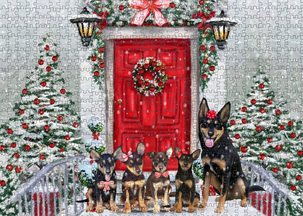 Christmas Holiday Welcome Australian Kelpies Dogs Portrait Jigsaw Puzzle for Adults Animal Interlocking Puzzle Game Unique Gift for Dog Lover's with Metal Tin Box