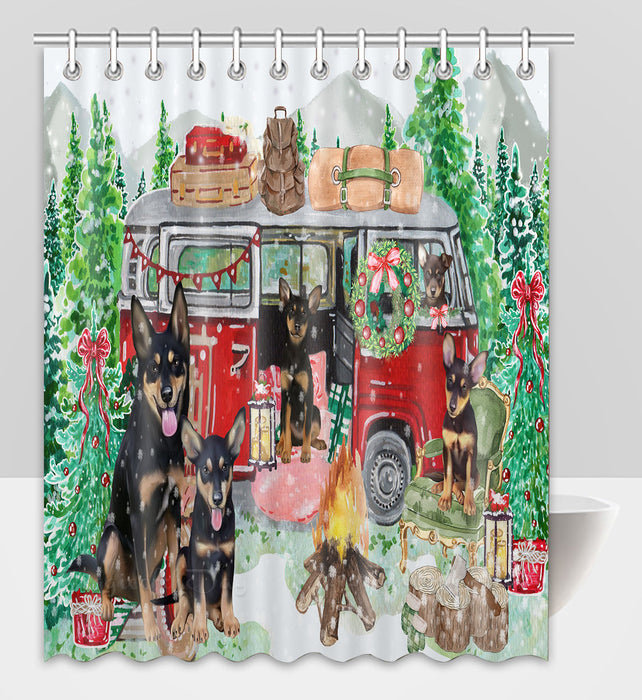 Christmas Time Camping with Australian Kelpies Dogs Shower Curtain Pet Painting Bathtub Curtain Waterproof Polyester One-Side Printing Decor Bath Tub Curtain for Bathroom with Hooks