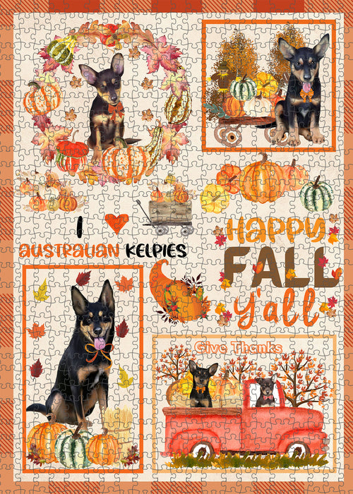 Happy Fall Y'all Pumpkin Australian Kelpies Dogs Portrait Jigsaw Puzzle for Adults Animal Interlocking Puzzle Game Unique Gift for Dog Lover's with Metal Tin Box
