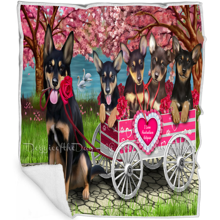 I Love Australian Kelpies Dogs in a Cart Art Portrait Print Woven Throw Sherpa Plush Fleece Blanket D066