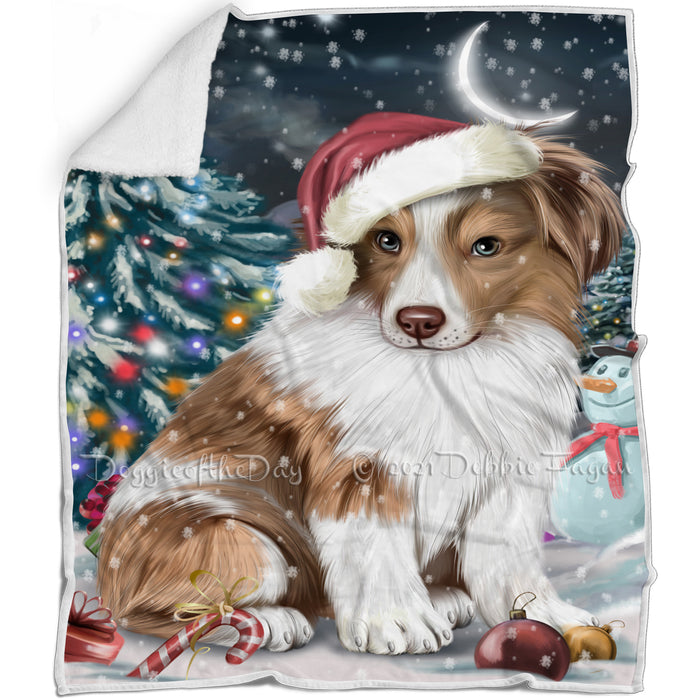 Have a Holly Jolly Christmas Australian Shepherd Dog in Holiday Background Blanket D003