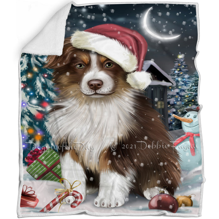 Have a Holly Jolly Christmas Australian Shepherd Dog in Holiday Background Blanket D005