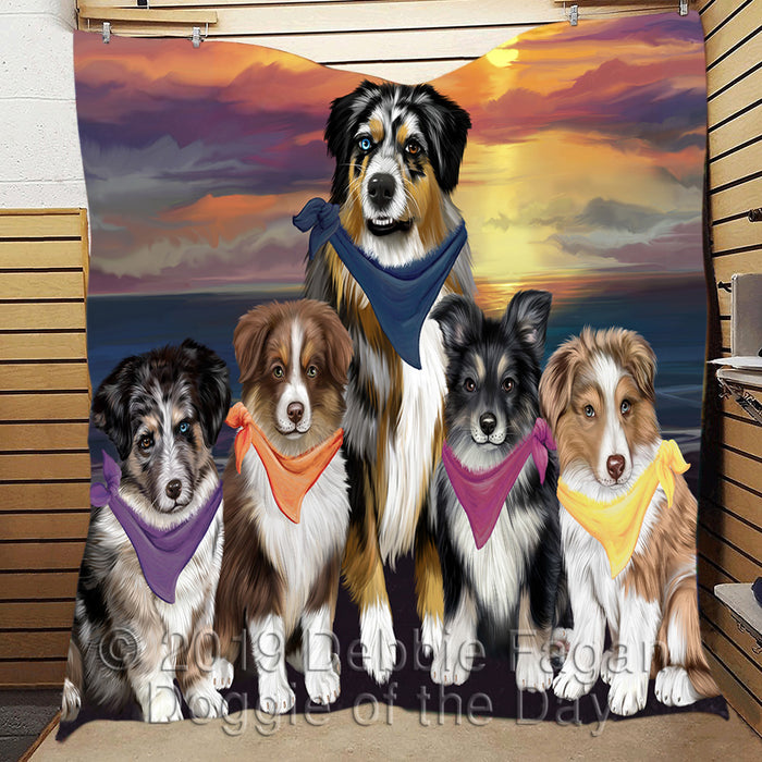 Family Sunset Portrait Australian Shepherd Dogs Quilt