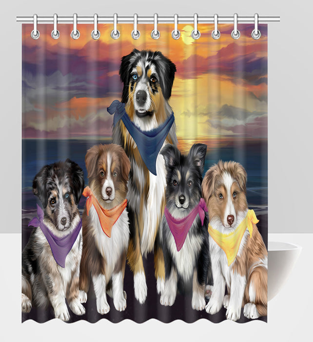 Family Sunset Portrait Australian Shepherd Dogs Shower Curtain