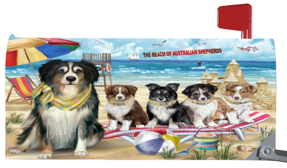 Pet Friendly Beach Australian Shepherd Dogs Magnetic Mailbox Cover Both Sides Pet Theme Printed Decorative Letter Box Wrap Case Postbox Thick Magnetic Vinyl Material