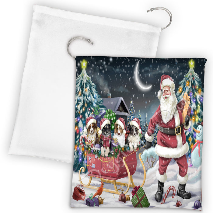 Santa Sled Dogs Christmas Happy Holidays Australian Shepherd Dogs Drawstring Laundry or Gift Bag LGB48665