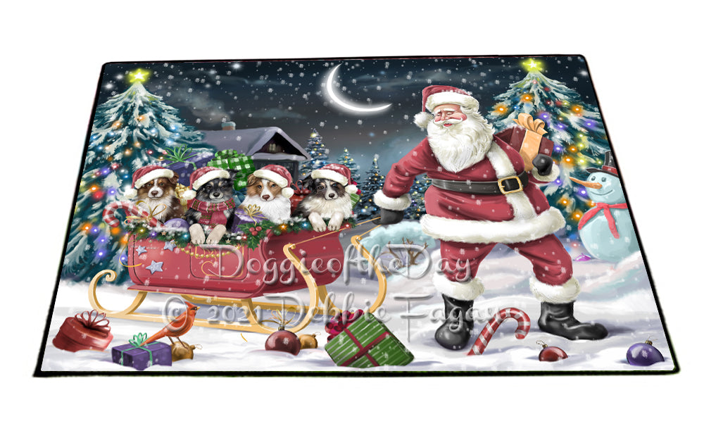 Santa Sled Christmas Happy Holidays Australian Shepherd Dogs Indoor/Outdoor Welcome Floormat - Premium Quality Washable Anti-Slip Doormat Rug FLMS56404