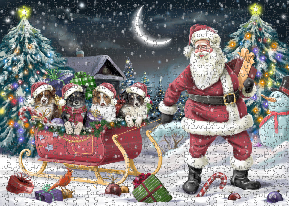Christmas Santa Sled Australian Shepherd Dogs Portrait Jigsaw Puzzle for Adults Animal Interlocking Puzzle Game Unique Gift for Dog Lover's with Metal Tin Box