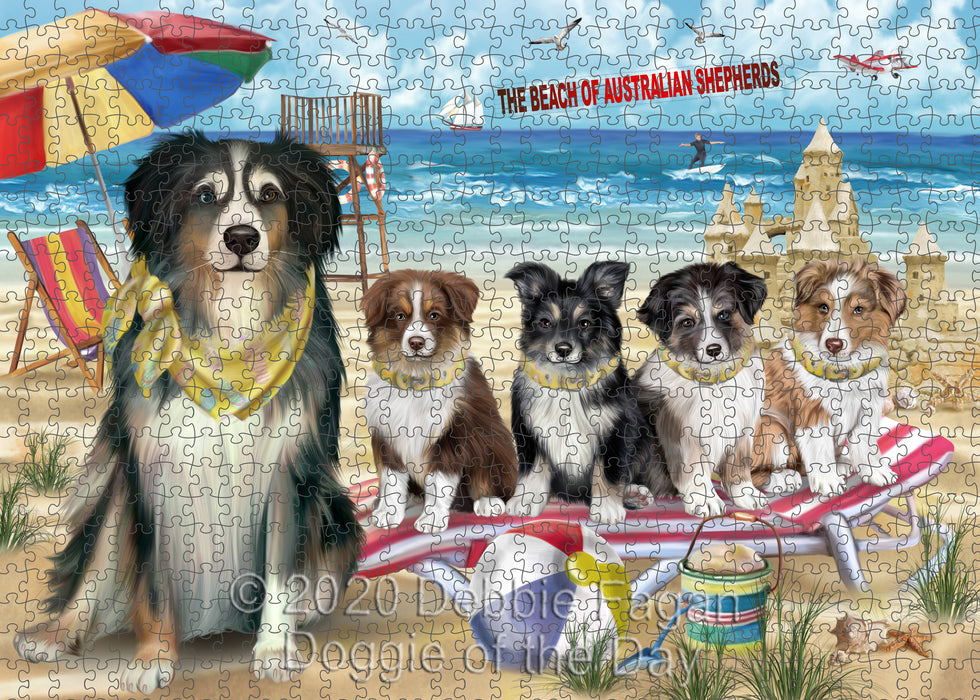 Pet Friendly Beach Australian Shepherd Dogs Portrait Jigsaw Puzzle for Adults Animal Interlocking Puzzle Game Unique Gift for Dog Lover's with Metal Tin Box