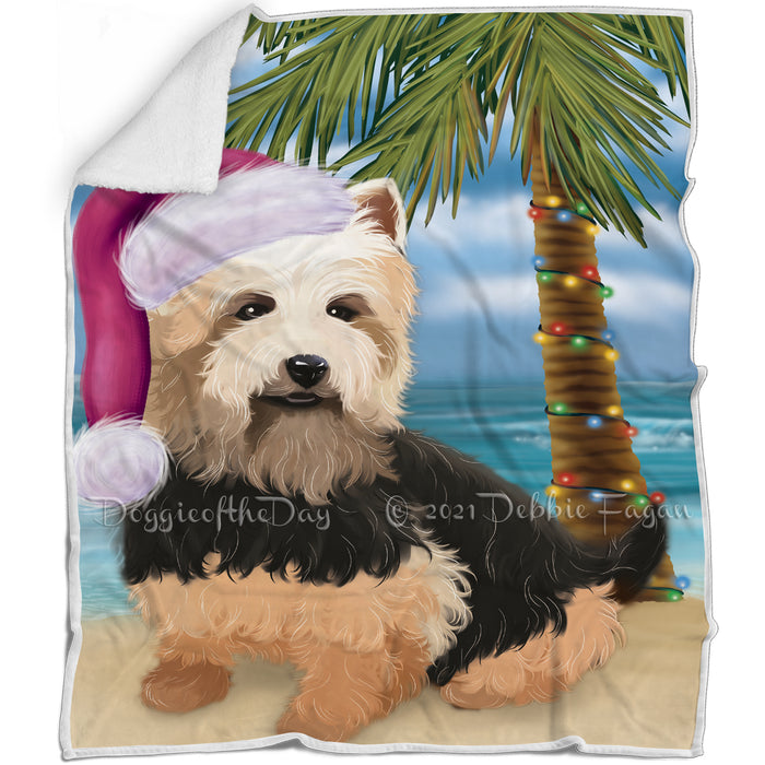 Summertime Happy Holidays Christmas Australian Terrier Dog on Tropical Island Beach Blanket BLNKT108129
