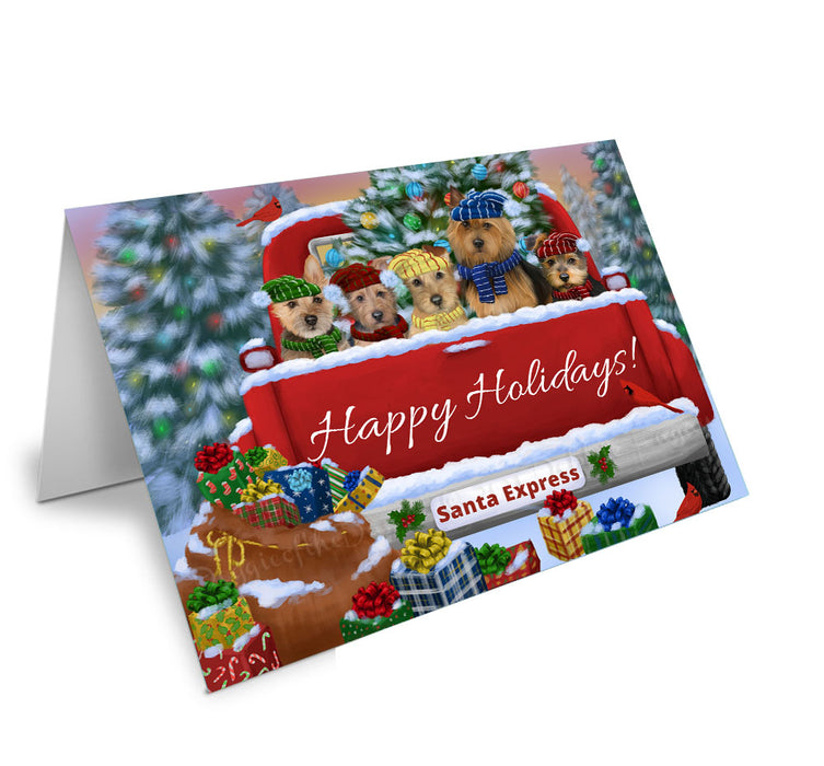 Christmas Red Truck Travlin Home for the Holidays Australian Terrier Dogs Handmade Artwork Assorted Pets Greeting Cards and Note Cards with Envelopes for All Occasions and Holiday Seasons