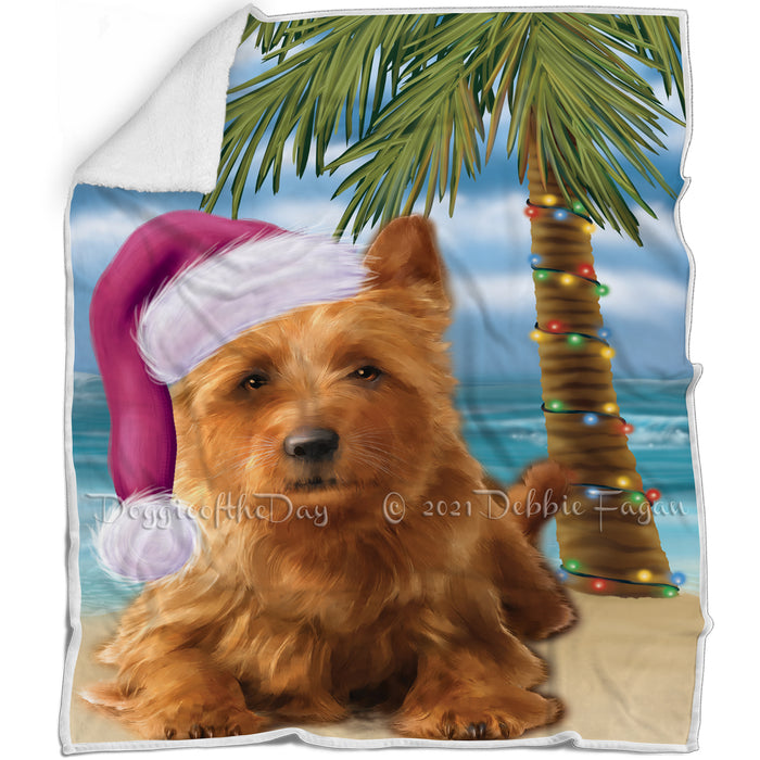 Summertime Happy Holidays Christmas Australian Terrier Dog on Tropical Island Beach Blanket BLNKT108120