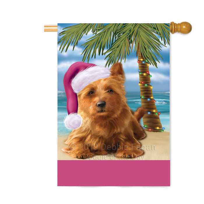Personalized Summertime Happy Holidays Christmas Australian Terrier Dog on Tropical Island Beach Custom House Flag FLG-DOTD-A60448