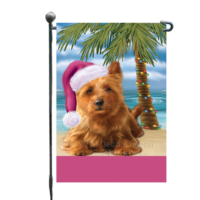 Personalized Summertime Happy Holidays Christmas Australian Terrier Dog on Tropical Island Beach  Custom Garden Flags GFLG-DOTD-A60392