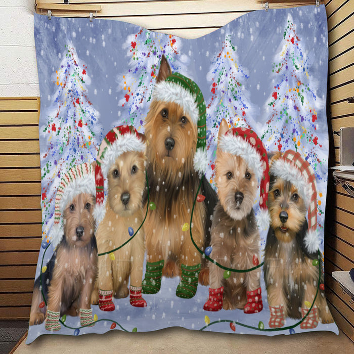 Christmas Lights and Australian Terrier Dogs  Quilt Bed Coverlet Bedspread - Pets Comforter Unique One-side Animal Printing - Soft Lightweight Durable Washable Polyester Quilt