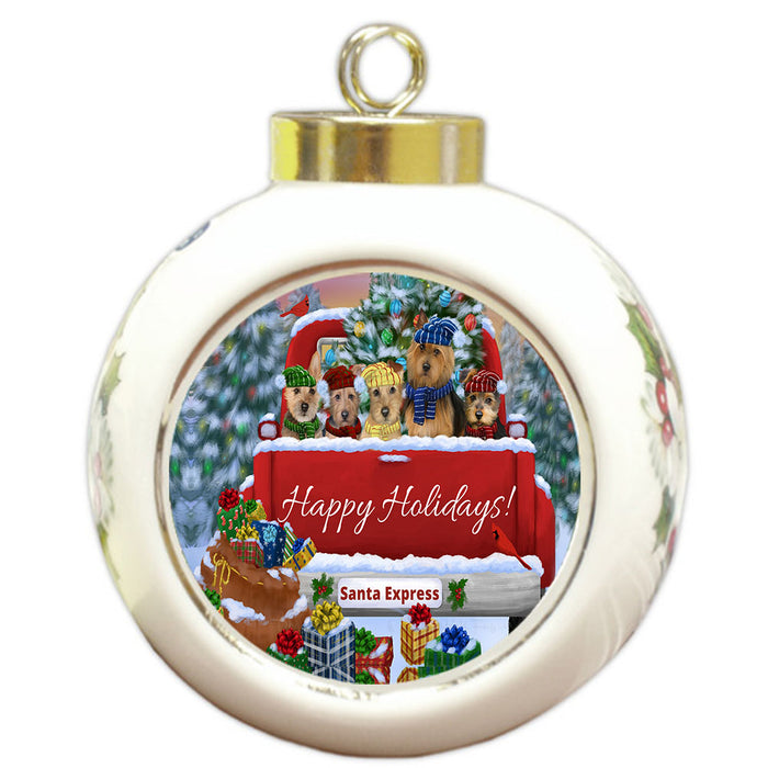 Christmas Red Truck Travlin Home for the Holidays Australian Terrier Dogs Round Ball Christmas Ornament Pet Decorative Hanging Ornaments for Christmas X-mas Tree Decorations - 3" Round Ceramic Ornament